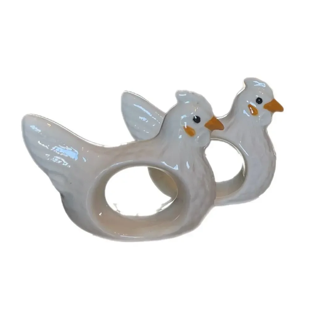 Vtg White Ceramic Rooster Chicken Napkin Rings Holder Set of 4 Farmhouse Decor